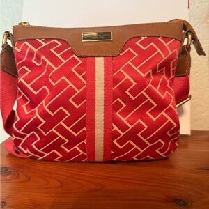 Tommy Hilfiger Red and Brown Crossbody Bag with Geometric Design